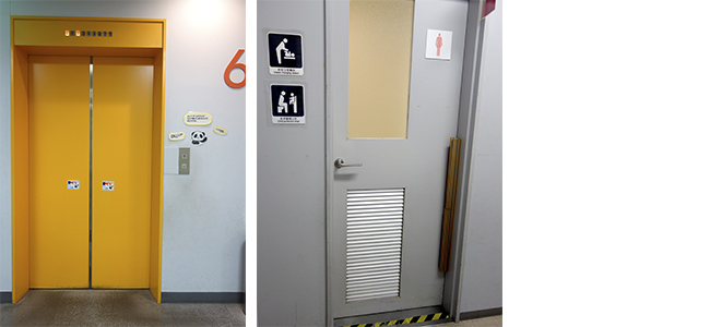 エレベータに事故防止表示を・トイレの出入り口ドアに指はさみ防止を取付けました。（写真）